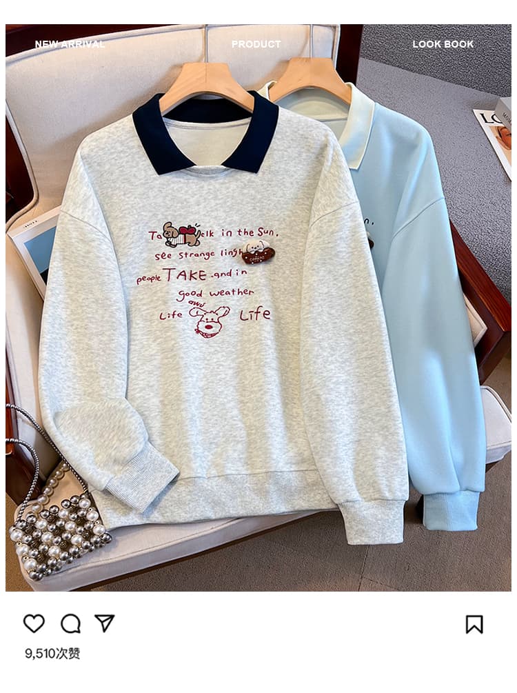 실사 배색 POLO 칼라 페이크 레이어드 후드티 여성 귀여운 강아지 자수 루즈핏 연령 감소 학원 스타일 긴팔 맨위 상세 이미지 3
