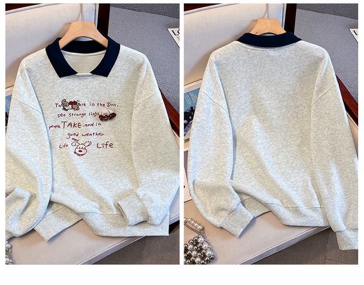 실사 배색 POLO 칼라 페이크 레이어드 후드티 여성 귀여운 강아지 자수 루즈핏 연령 감소 학원 스타일 긴팔 맨위 상세 이미지 4
