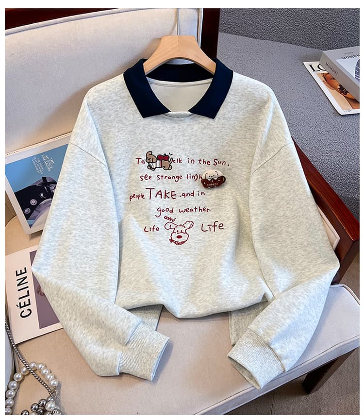 실사 배색 POLO 칼라 페이크 레이어드 후드티 여성 귀여운 강아지 자수 루즈핏 연령 감소 학원 스타일 긴팔 맨위 상세 이미지 14