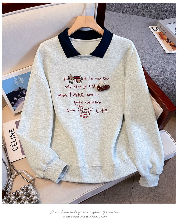 실사 배색 POLO 칼라 페이크 레이어드 후드티 여성 귀여운 강아지 자수 루즈핏 연령 감소 학원 스타일 긴팔 맨위 상세 이미지 15