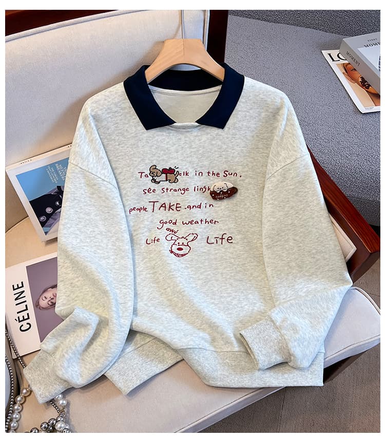 실사 배색 POLO 칼라 페이크 레이어드 후드티 여성 귀여운 강아지 자수 루즈핏 연령 감소 학원 스타일 긴팔 맨위 상세 이미지 16