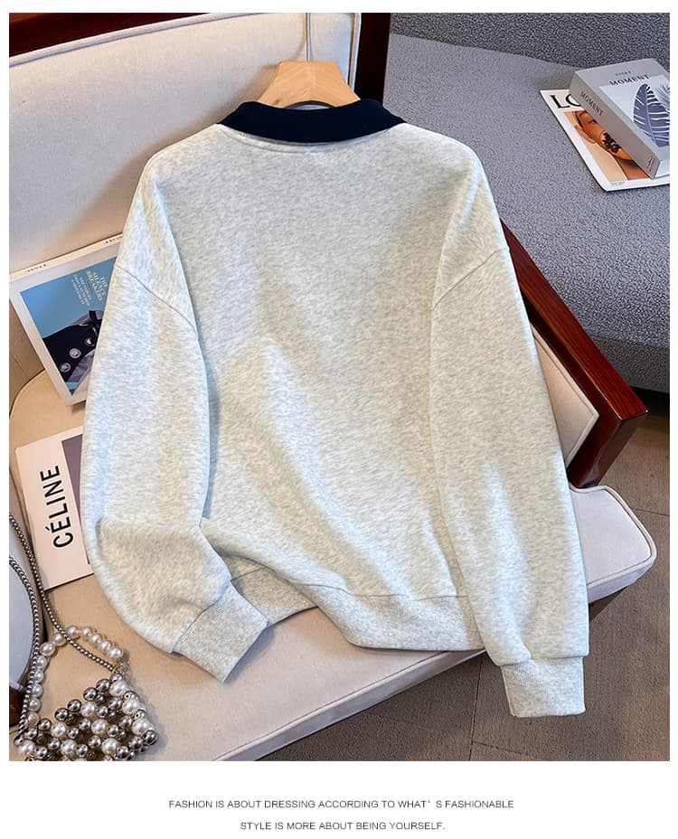 실사 배색 POLO 칼라 페이크 레이어드 후드티 여성 귀여운 강아지 자수 루즈핏 연령 감소 학원 스타일 긴팔 맨위 상세 이미지 18