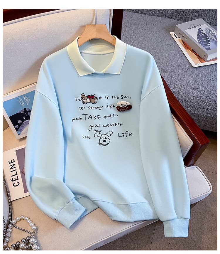 실사 배색 POLO 칼라 페이크 레이어드 후드티 여성 귀여운 강아지 자수 루즈핏 연령 감소 학원 스타일 긴팔 맨위 상세 이미지 19