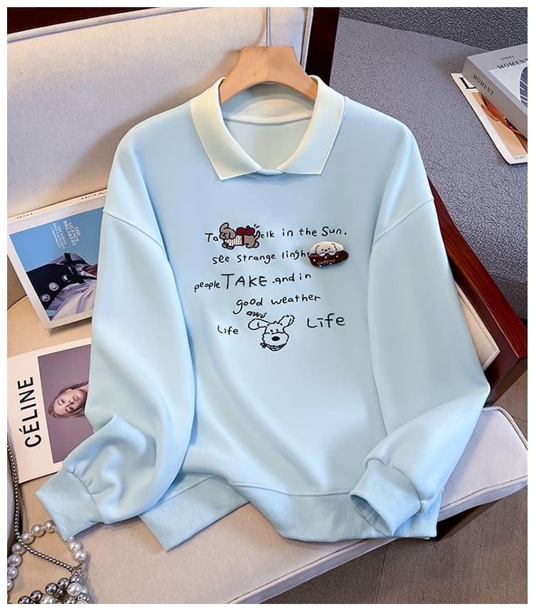 실사 배색 POLO 칼라 페이크 레이어드 후드티 여성 귀여운 강아지 자수 루즈핏 연령 감소 학원 스타일 긴팔 맨위 상세 이미지 20