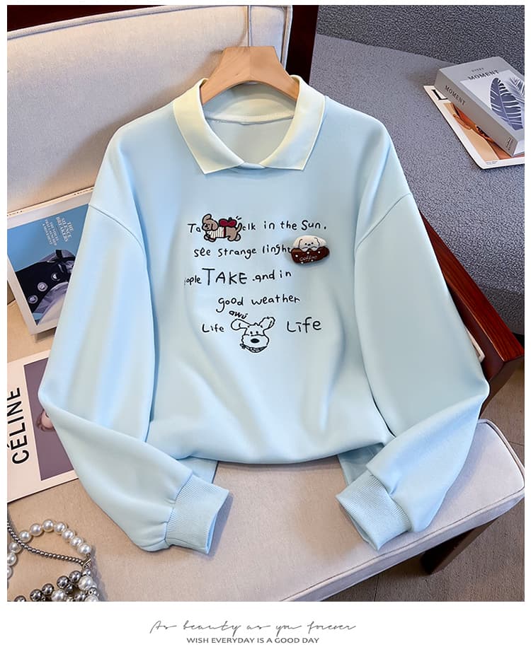 실사 배색 POLO 칼라 페이크 레이어드 후드티 여성 귀여운 강아지 자수 루즈핏 연령 감소 학원 스타일 긴팔 맨위 상세 이미지 21