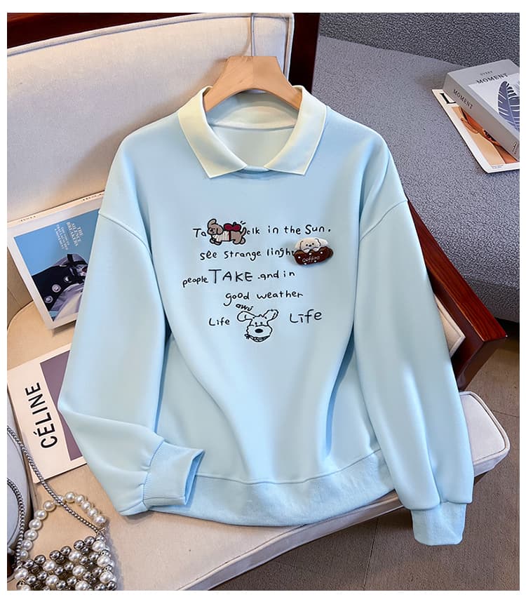 실사 배색 POLO 칼라 페이크 레이어드 후드티 여성 귀여운 강아지 자수 루즈핏 연령 감소 학원 스타일 긴팔 맨위 상세 이미지 22