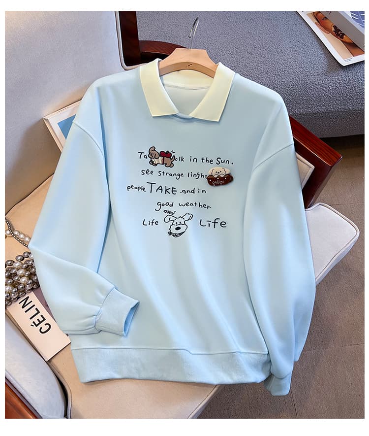 실사 배색 POLO 칼라 페이크 레이어드 후드티 여성 귀여운 강아지 자수 루즈핏 연령 감소 학원 스타일 긴팔 맨위 상세 이미지 24