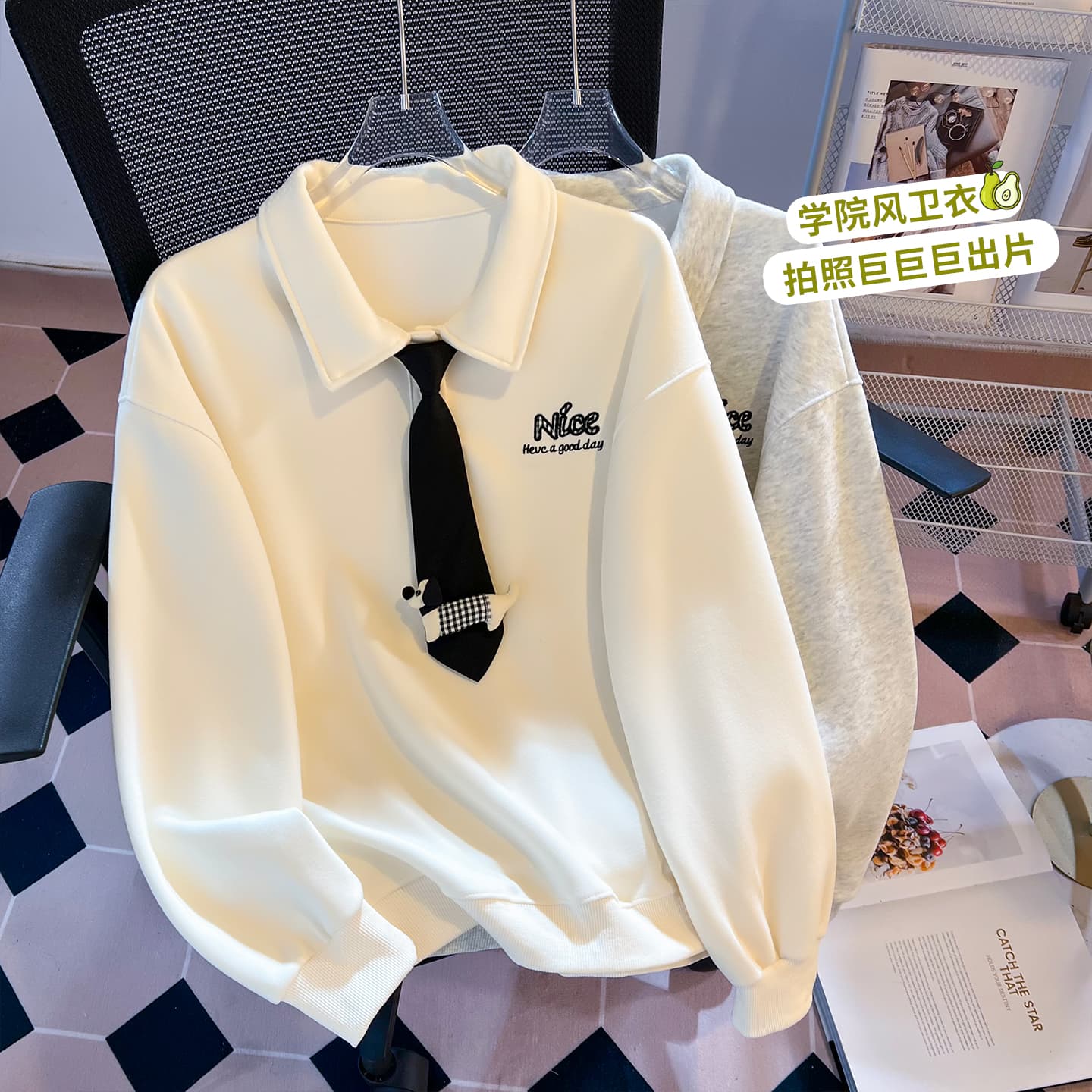 실사 학원 스타일 polo 넥타이 후드티 여성 루즈핏 작은 대중 닥스 훈트 자수 부드러운 찹쌀 폴로 칼라 맨위 가을 이미지 2