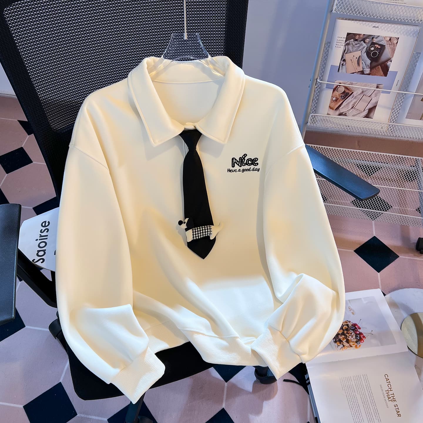 실사 학원 스타일 polo 넥타이 후드티 여성 루즈핏 작은 대중 닥스 훈트 자수 부드러운 찹쌀 폴로 칼라 맨위 가을 이미지 4