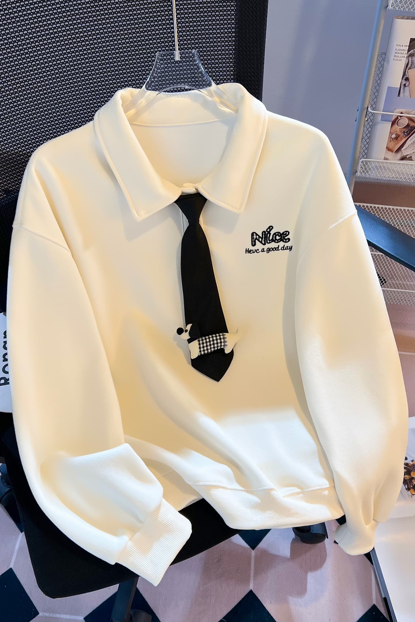 실사 학원 스타일 polo 넥타이 후드티 여성 루즈핏 작은 대중 닥스 훈트 자수 부드러운 찹쌀 폴로 칼라 맨위 가을 이미지 7