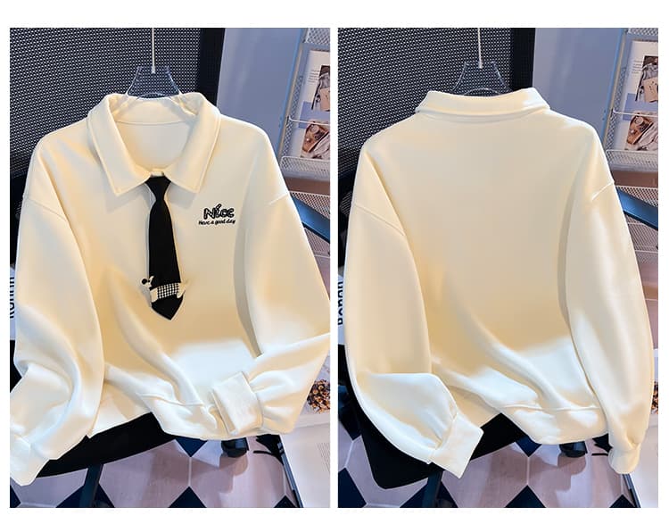 실사 학원 스타일 polo 넥타이 후드티 여성 루즈핏 작은 대중 닥스 훈트 자수 부드러운 찹쌀 폴로 칼라 맨위 가을 상세 이미지 4