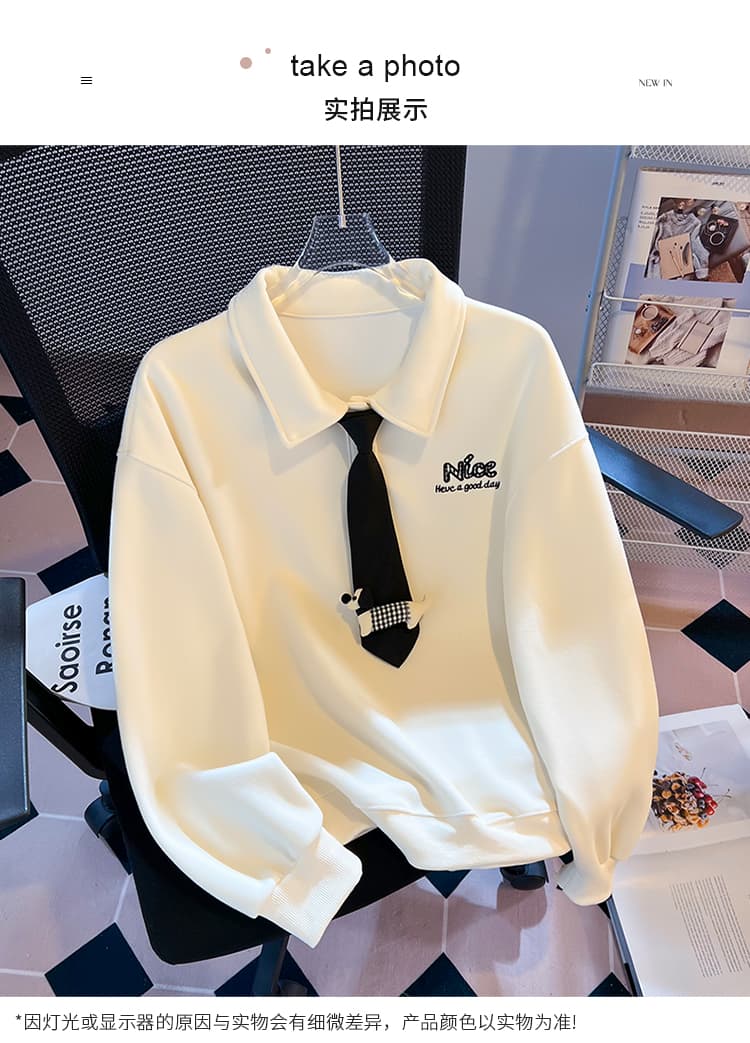 실사 학원 스타일 polo 넥타이 후드티 여성 루즈핏 작은 대중 닥스 훈트 자수 부드러운 찹쌀 폴로 칼라 맨위 가을 상세 이미지 13