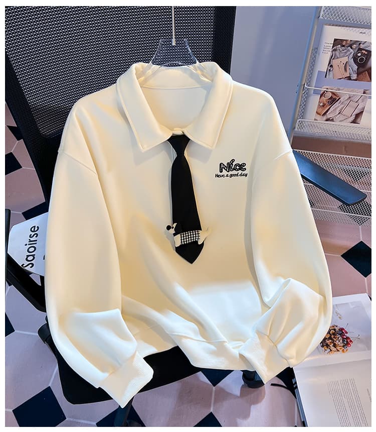 실사 학원 스타일 polo 넥타이 후드티 여성 루즈핏 작은 대중 닥스 훈트 자수 부드러운 찹쌀 폴로 칼라 맨위 가을 상세 이미지 14