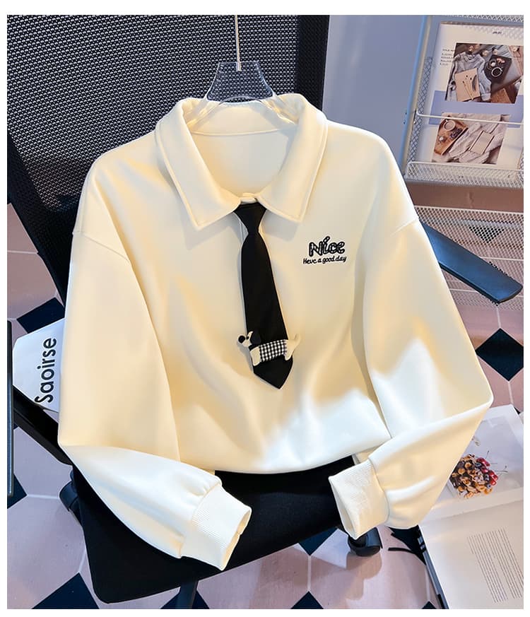 실사 학원 스타일 polo 넥타이 후드티 여성 루즈핏 작은 대중 닥스 훈트 자수 부드러운 찹쌀 폴로 칼라 맨위 가을 상세 이미지 16