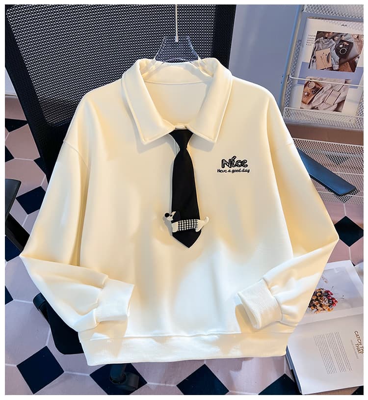 실사 학원 스타일 polo 넥타이 후드티 여성 루즈핏 작은 대중 닥스 훈트 자수 부드러운 찹쌀 폴로 칼라 맨위 가을 상세 이미지 17