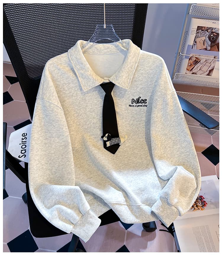 실사 학원 스타일 polo 넥타이 후드티 여성 루즈핏 작은 대중 닥스 훈트 자수 부드러운 찹쌀 폴로 칼라 맨위 가을 상세 이미지 20