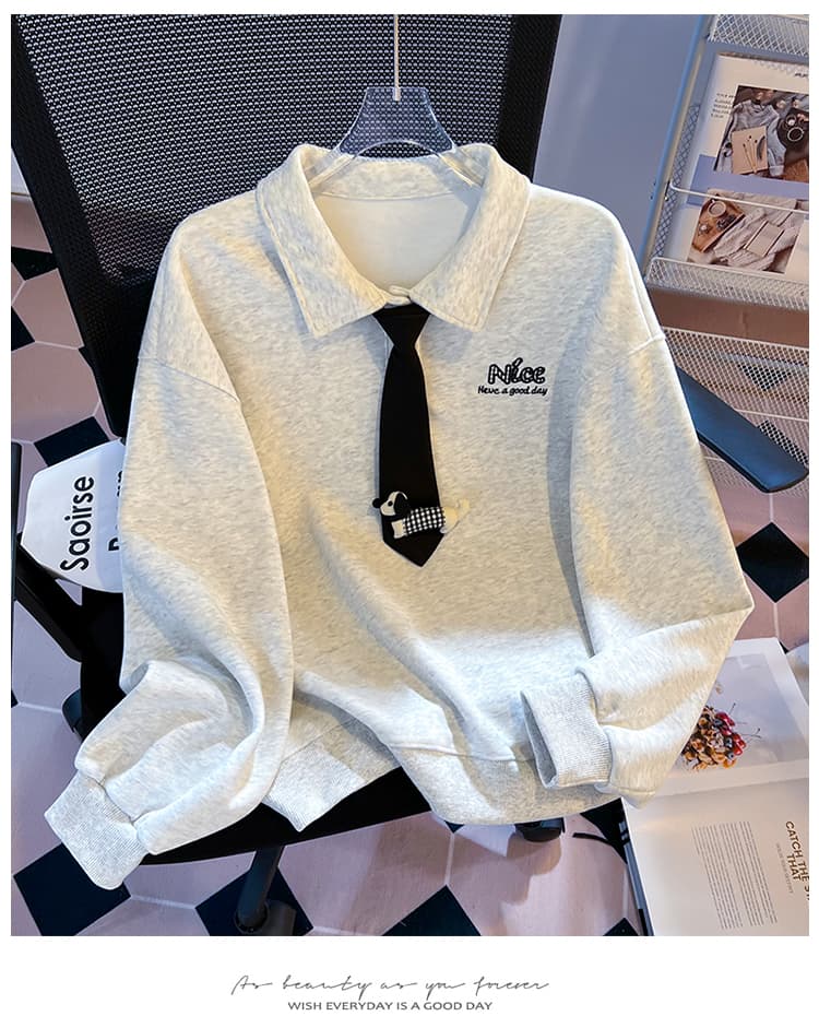 실사 학원 스타일 polo 넥타이 후드티 여성 루즈핏 작은 대중 닥스 훈트 자수 부드러운 찹쌀 폴로 칼라 맨위 가을 상세 이미지 21