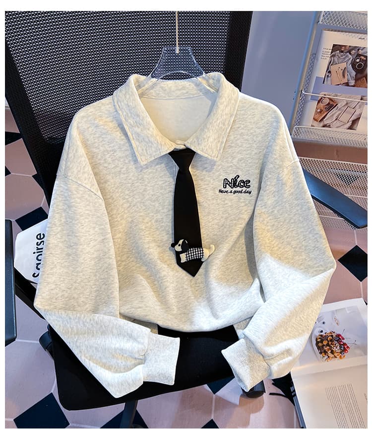 실사 학원 스타일 polo 넥타이 후드티 여성 루즈핏 작은 대중 닥스 훈트 자수 부드러운 찹쌀 폴로 칼라 맨위 가을 상세 이미지 22