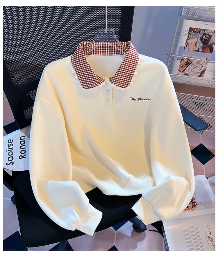 실사 한 부서 체크무늬 베이비 칼라 후드티 여성 부드러운 바람 레이스 레이스 폴로 칼라 루즈핏 다용도 가을 맨위 상세 이미지 15