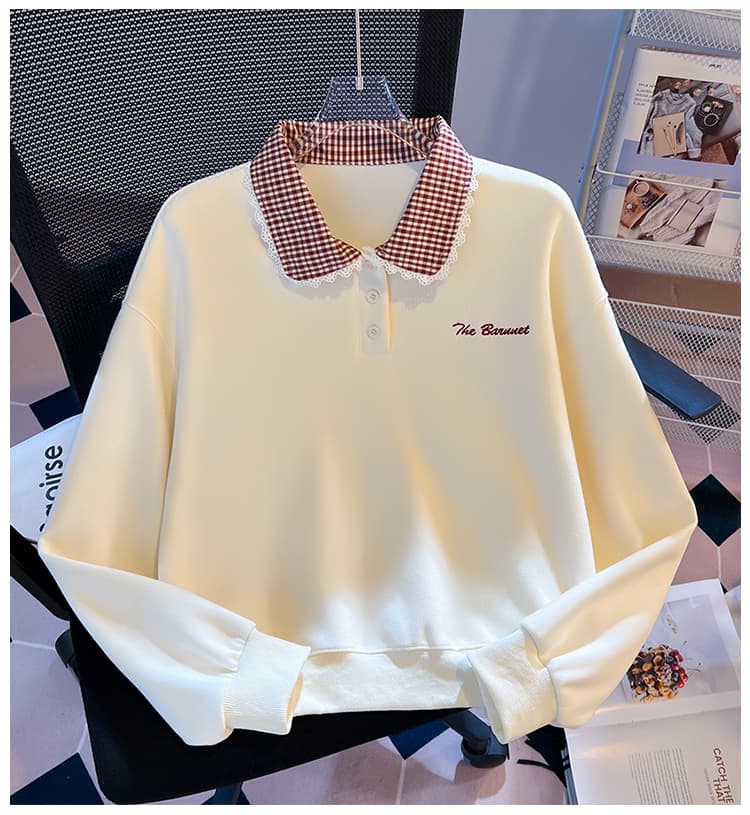 실사 한 부서 체크무늬 베이비 칼라 후드티 여성 부드러운 바람 레이스 레이스 폴로 칼라 루즈핏 다용도 가을 맨위 상세 이미지 16