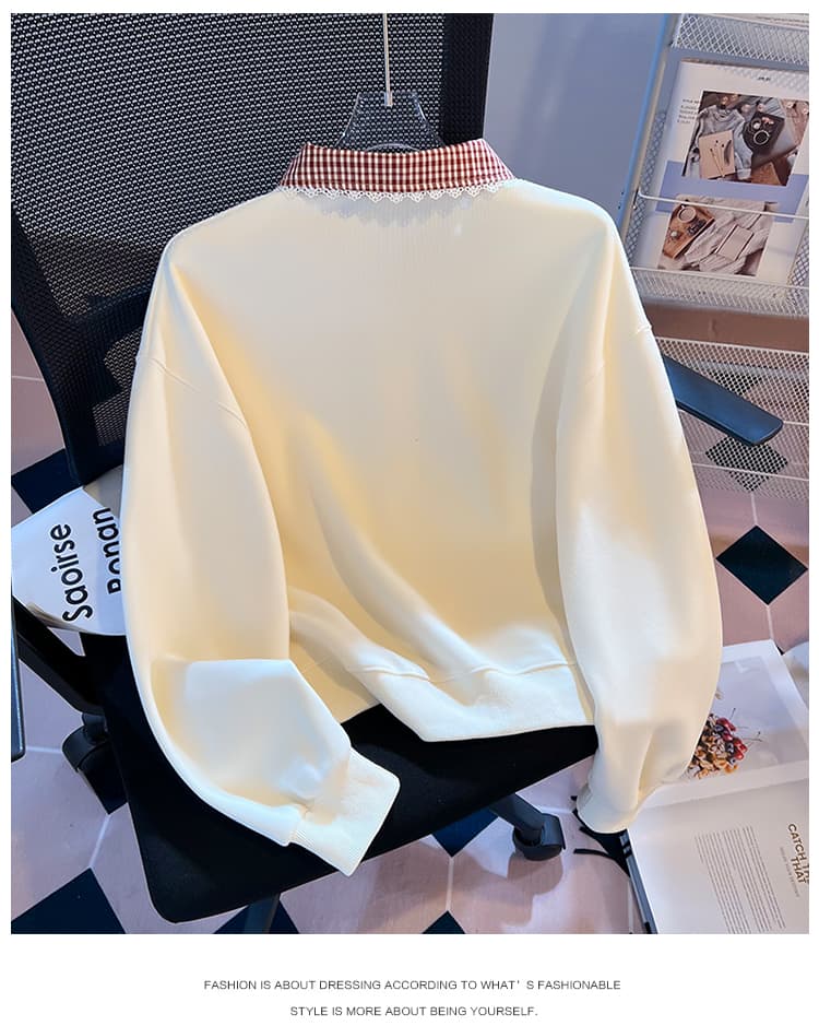 실사 한 부서 체크무늬 베이비 칼라 후드티 여성 부드러운 바람 레이스 레이스 폴로 칼라 루즈핏 다용도 가을 맨위 상세 이미지 17