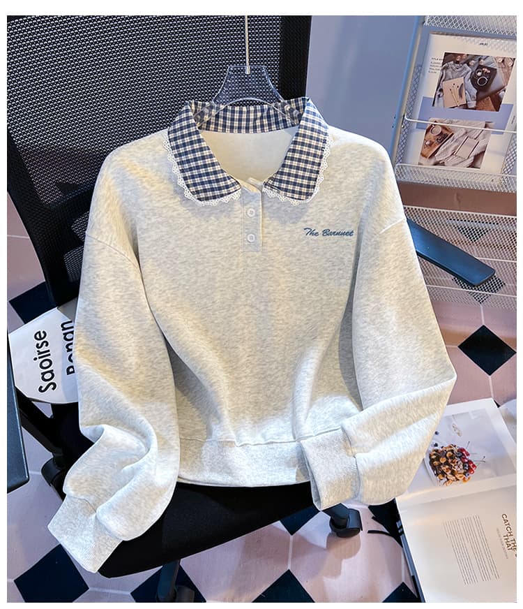 실사 한 부서 체크무늬 베이비 칼라 후드티 여성 부드러운 바람 레이스 레이스 폴로 칼라 루즈핏 다용도 가을 맨위 상세 이미지 21