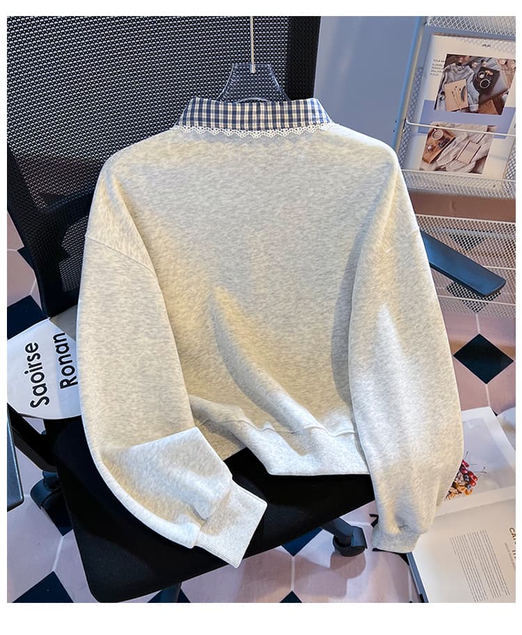 실사 한 부서 체크무늬 베이비 칼라 후드티 여성 부드러운 바람 레이스 레이스 폴로 칼라 루즈핏 다용도 가을 맨위 상세 이미지 23