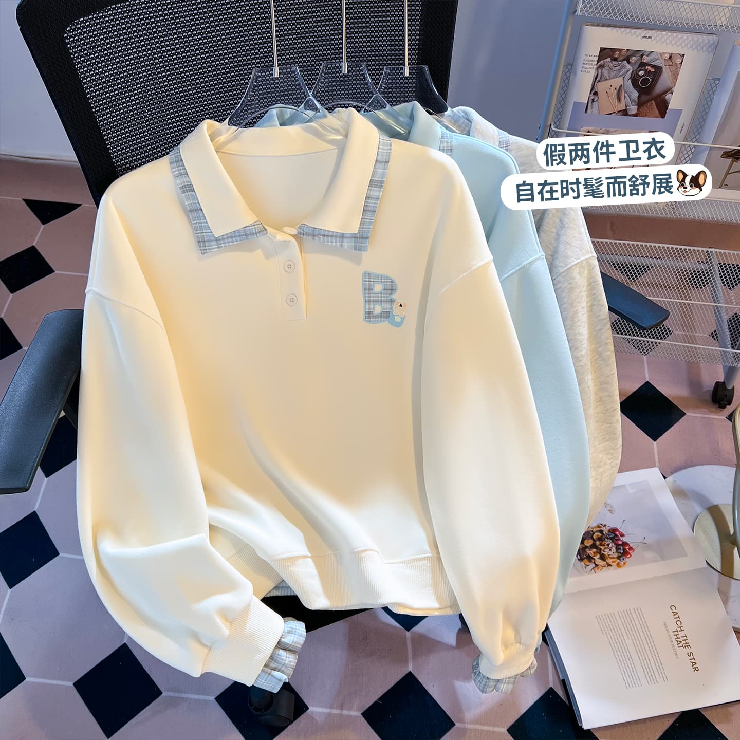 실사 한 부서 체크무늬 패치워크 polo 페이크 레이어드 후드티 신선함 작은 곰 자수 루즈핏 학원 스타일 가을 맨위 이미지 2