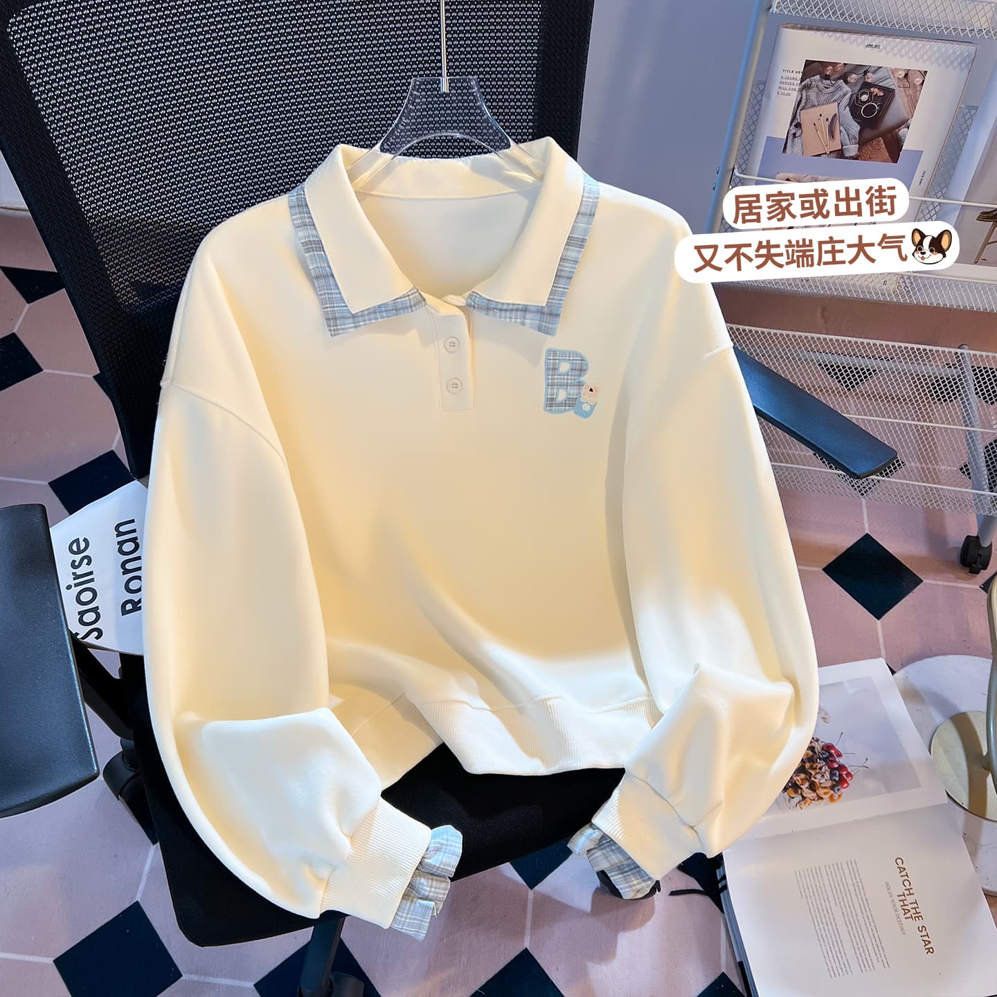 실사 한 부서 체크무늬 패치워크 polo 페이크 레이어드 후드티 신선함 작은 곰 자수 루즈핏 학원 스타일 가을 맨위 이미지 3