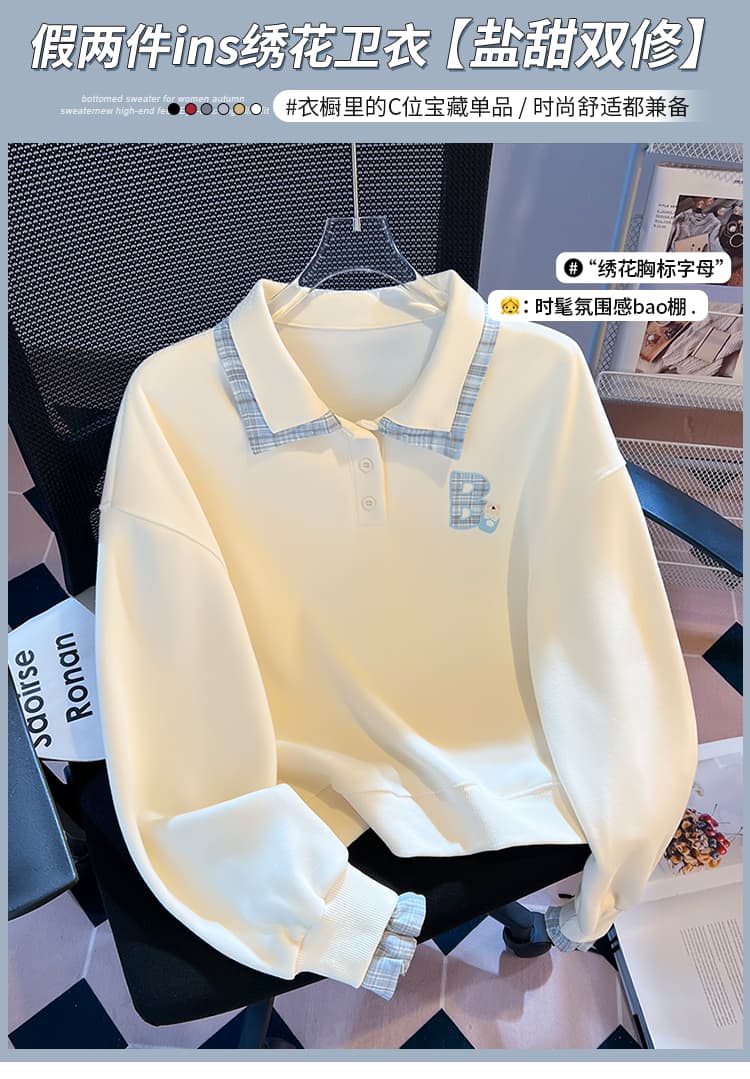 실사 한 부서 체크무늬 패치워크 polo 페이크 레이어드 후드티 신선함 작은 곰 자수 루즈핏 학원 스타일 가을 맨위 상세 이미지 1
