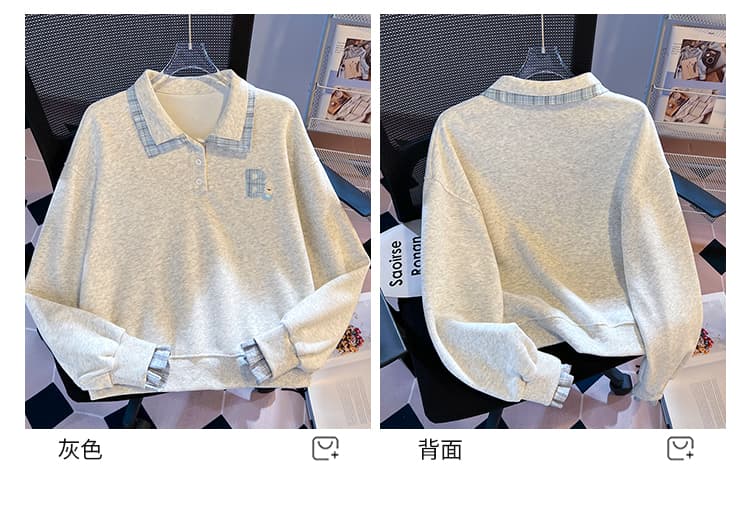 실사 한 부서 체크무늬 패치워크 polo 페이크 레이어드 후드티 신선함 작은 곰 자수 루즈핏 학원 스타일 가을 맨위 상세 이미지 13