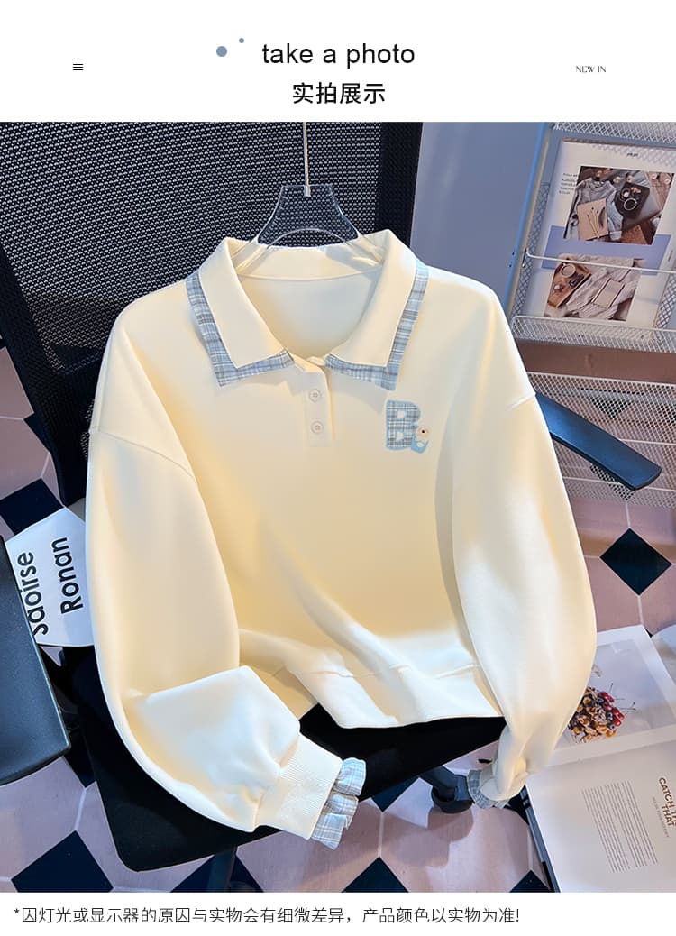 실사 한 부서 체크무늬 패치워크 polo 페이크 레이어드 후드티 신선함 작은 곰 자수 루즈핏 학원 스타일 가을 맨위 상세 이미지 14