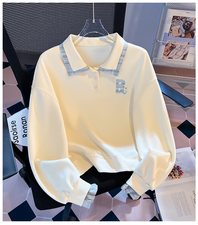 실사 한 부서 체크무늬 패치워크 polo 페이크 레이어드 후드티 신선함 작은 곰 자수 루즈핏 학원 스타일 가을 맨위 상세 이미지 15