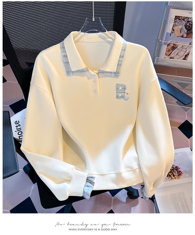 실사 한 부서 체크무늬 패치워크 polo 페이크 레이어드 후드티 신선함 작은 곰 자수 루즈핏 학원 스타일 가을 맨위 상세 이미지 16