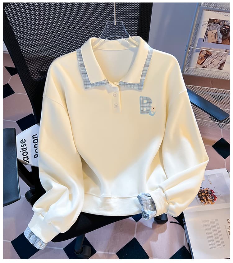 실사 한 부서 체크무늬 패치워크 polo 페이크 레이어드 후드티 신선함 작은 곰 자수 루즈핏 학원 스타일 가을 맨위 상세 이미지 17
