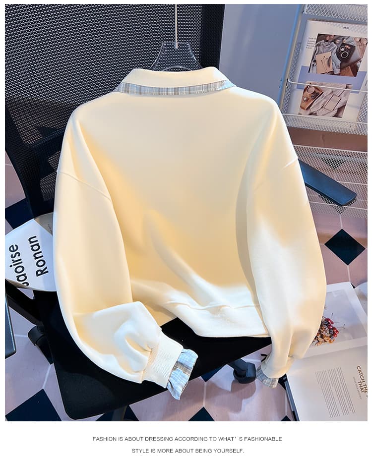 실사 한 부서 체크무늬 패치워크 polo 페이크 레이어드 후드티 신선함 작은 곰 자수 루즈핏 학원 스타일 가을 맨위 상세 이미지 18