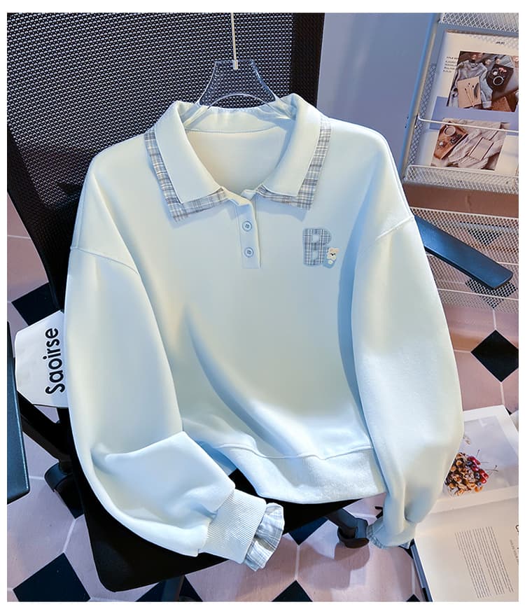 실사 한 부서 체크무늬 패치워크 polo 페이크 레이어드 후드티 신선함 작은 곰 자수 루즈핏 학원 스타일 가을 맨위 상세 이미지 19