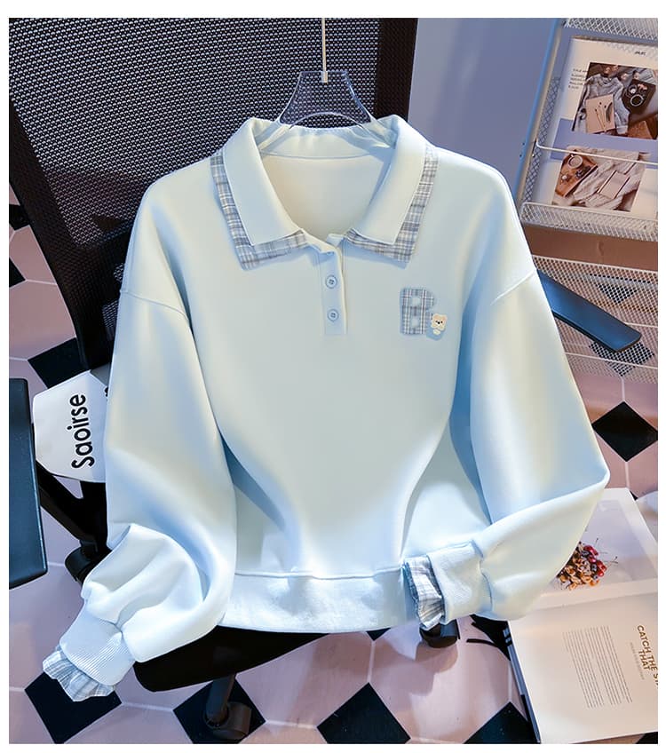 실사 한 부서 체크무늬 패치워크 polo 페이크 레이어드 후드티 신선함 작은 곰 자수 루즈핏 학원 스타일 가을 맨위 상세 이미지 22