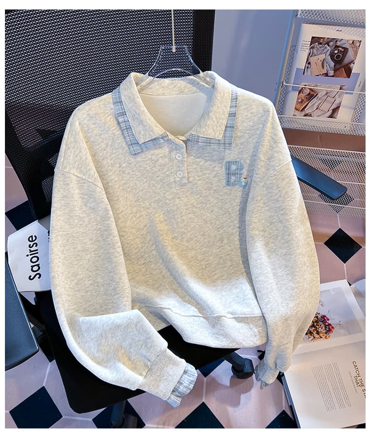 실사 한 부서 체크무늬 패치워크 polo 페이크 레이어드 후드티 신선함 작은 곰 자수 루즈핏 학원 스타일 가을 맨위 상세 이미지 24