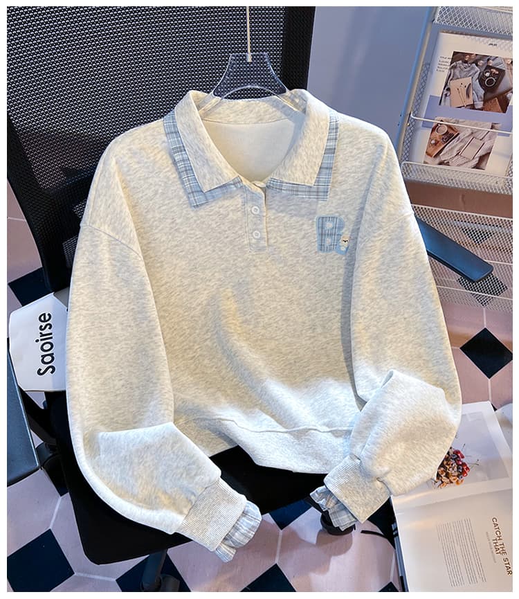실사 한 부서 체크무늬 패치워크 polo 페이크 레이어드 후드티 신선함 작은 곰 자수 루즈핏 학원 스타일 가을 맨위 상세 이미지 25