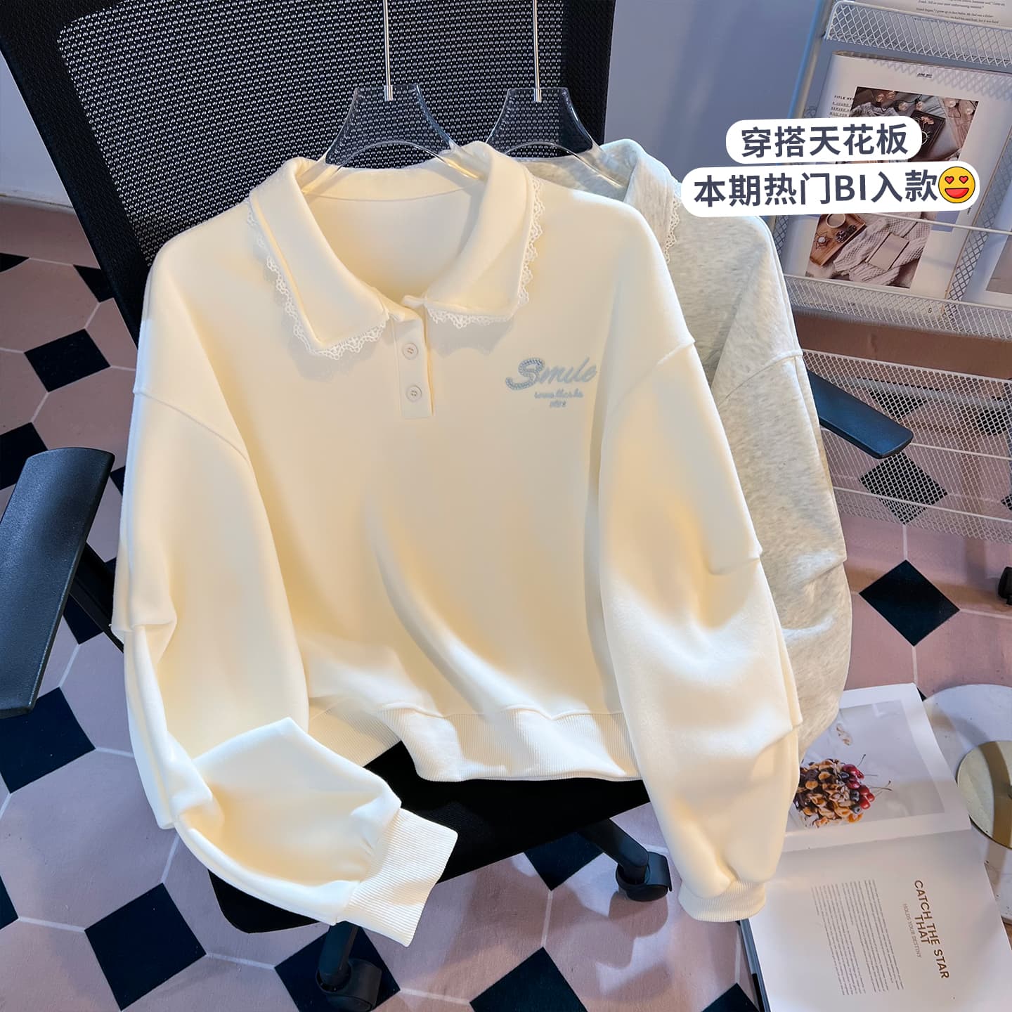 실사 한 부서 달콤함 레이스 베이비 칼라 polo 후드티 미니멀리즘 자수 느긋한 학원 스타일 루즈핏 풀오버 셔츠 이미지 2