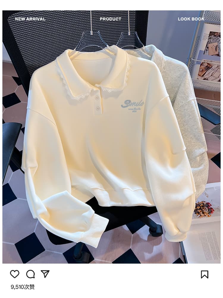 실사 한 부서 달콤함 레이스 베이비 칼라 polo 후드티 미니멀리즘 자수 느긋한 학원 스타일 루즈핏 풀오버 셔츠 상세 이미지 3