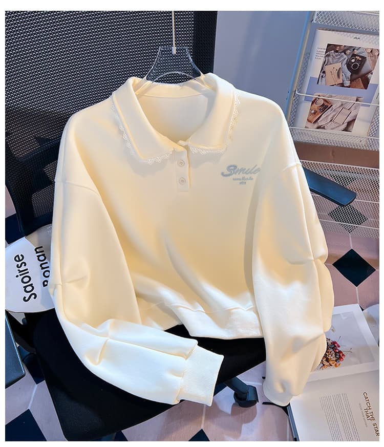 실사 한 부서 달콤함 레이스 베이비 칼라 polo 후드티 미니멀리즘 자수 느긋한 학원 스타일 루즈핏 풀오버 셔츠 상세 이미지 15