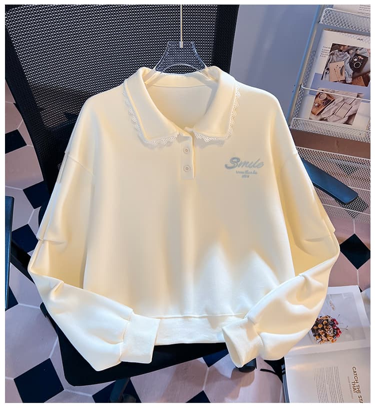 실사 한 부서 달콤함 레이스 베이비 칼라 polo 후드티 미니멀리즘 자수 느긋한 학원 스타일 루즈핏 풀오버 셔츠 상세 이미지 16