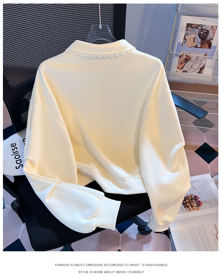 실사 한 부서 달콤함 레이스 베이비 칼라 polo 후드티 미니멀리즘 자수 느긋한 학원 스타일 루즈핏 풀오버 셔츠 상세 이미지 17