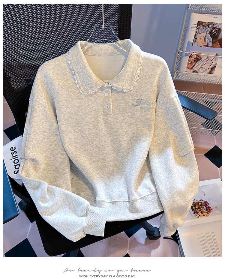 실사 한 부서 달콤함 레이스 베이비 칼라 polo 후드티 미니멀리즘 자수 느긋한 학원 스타일 루즈핏 풀오버 셔츠 상세 이미지 20