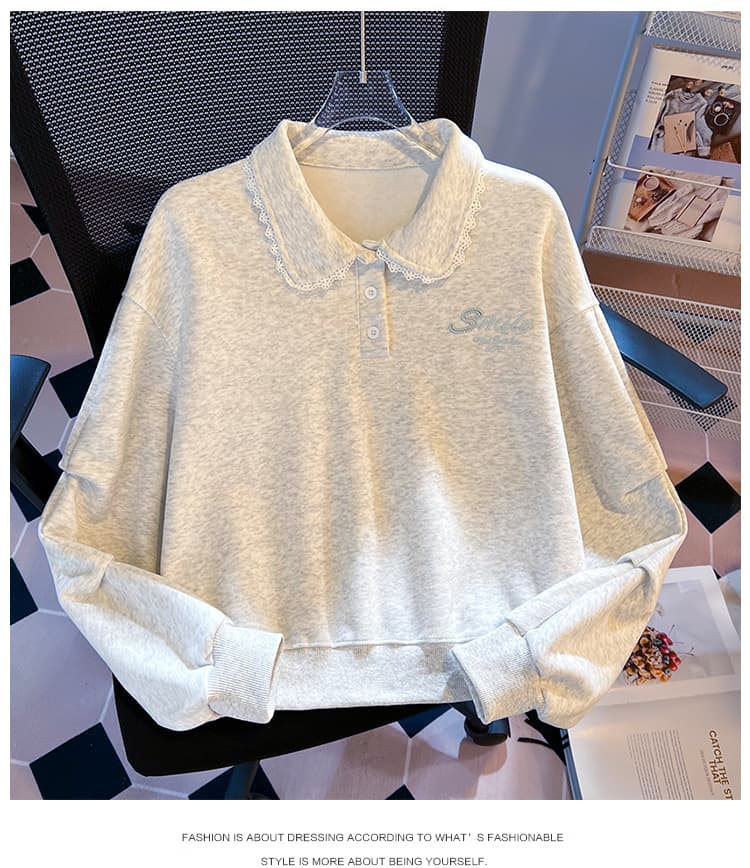 실사 한 부서 달콤함 레이스 베이비 칼라 polo 후드티 미니멀리즘 자수 느긋한 학원 스타일 루즈핏 풀오버 셔츠 상세 이미지 22