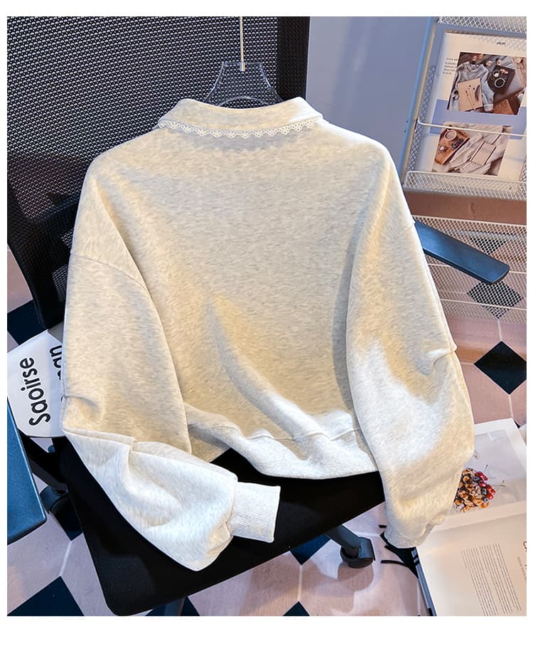 실사 한 부서 달콤함 레이스 베이비 칼라 polo 후드티 미니멀리즘 자수 느긋한 학원 스타일 루즈핏 풀오버 셔츠 상세 이미지 23