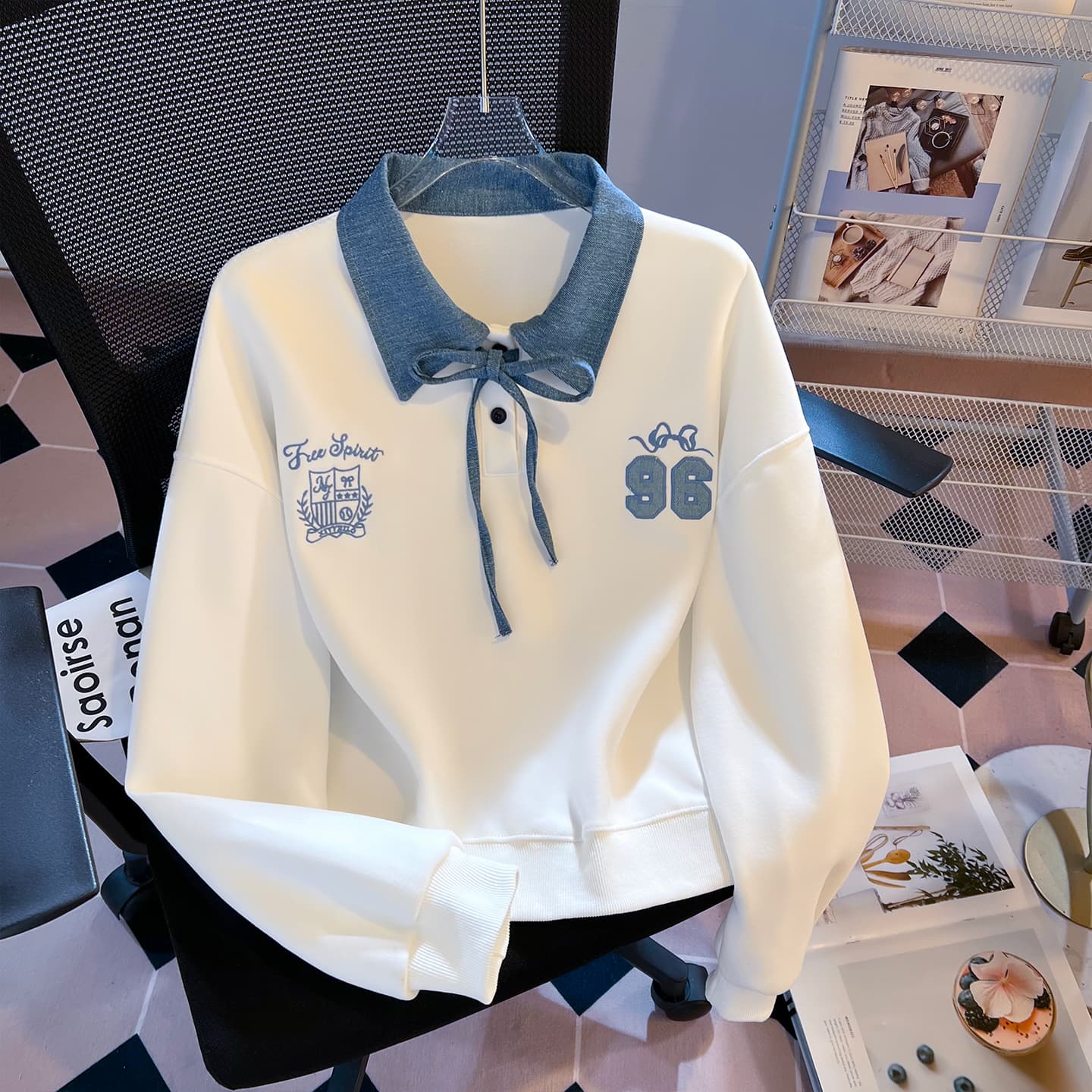 실사 데님 칼라 레이스업 페이크 레이어드 polo 후드티 여성 학원 스타일 숫자 자수 루즈핏 쇼트 스타일 맨위 이미지 3