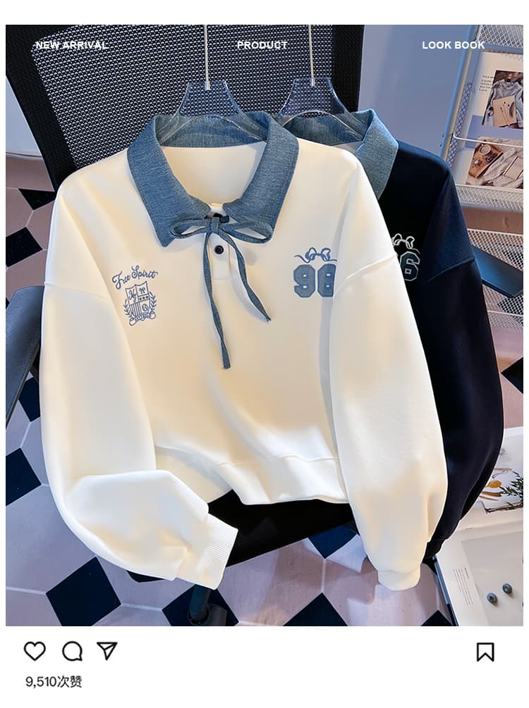 실사 데님 칼라 레이스업 페이크 레이어드 polo 후드티 여성 학원 스타일 숫자 자수 루즈핏 쇼트 스타일 맨위 상세 이미지 3